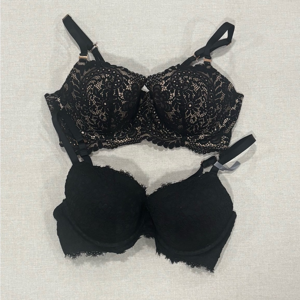 Aerie Women's 36D Lace Balconette and Lace Demi Push Up Bra Black NWOT
